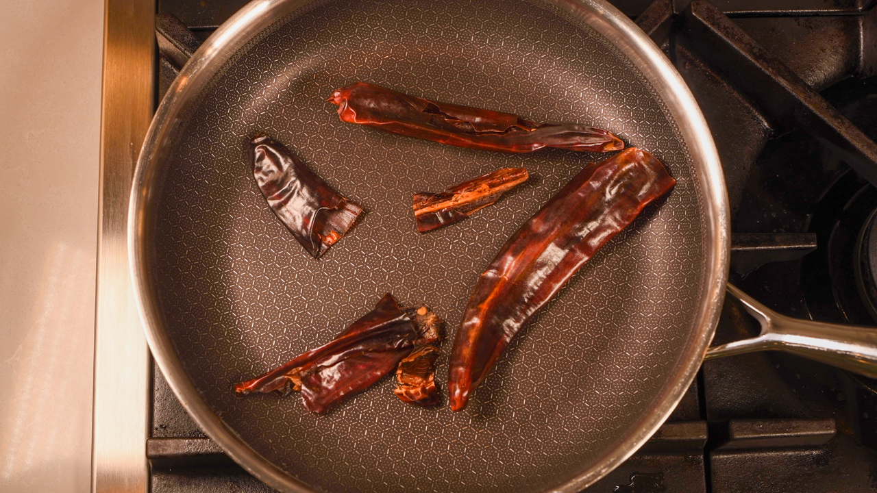 Heat the Stemmed and Seeded Guajillo Chiles in a Hot Fry Pan