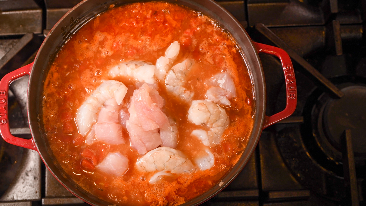 Add the Fish to the Cioppino Base