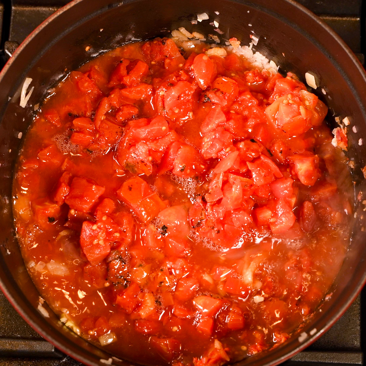 Add canned tomatoes and juice to the shallots and fennel.