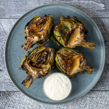 Grilled artichokes with garlic lemon aioli.