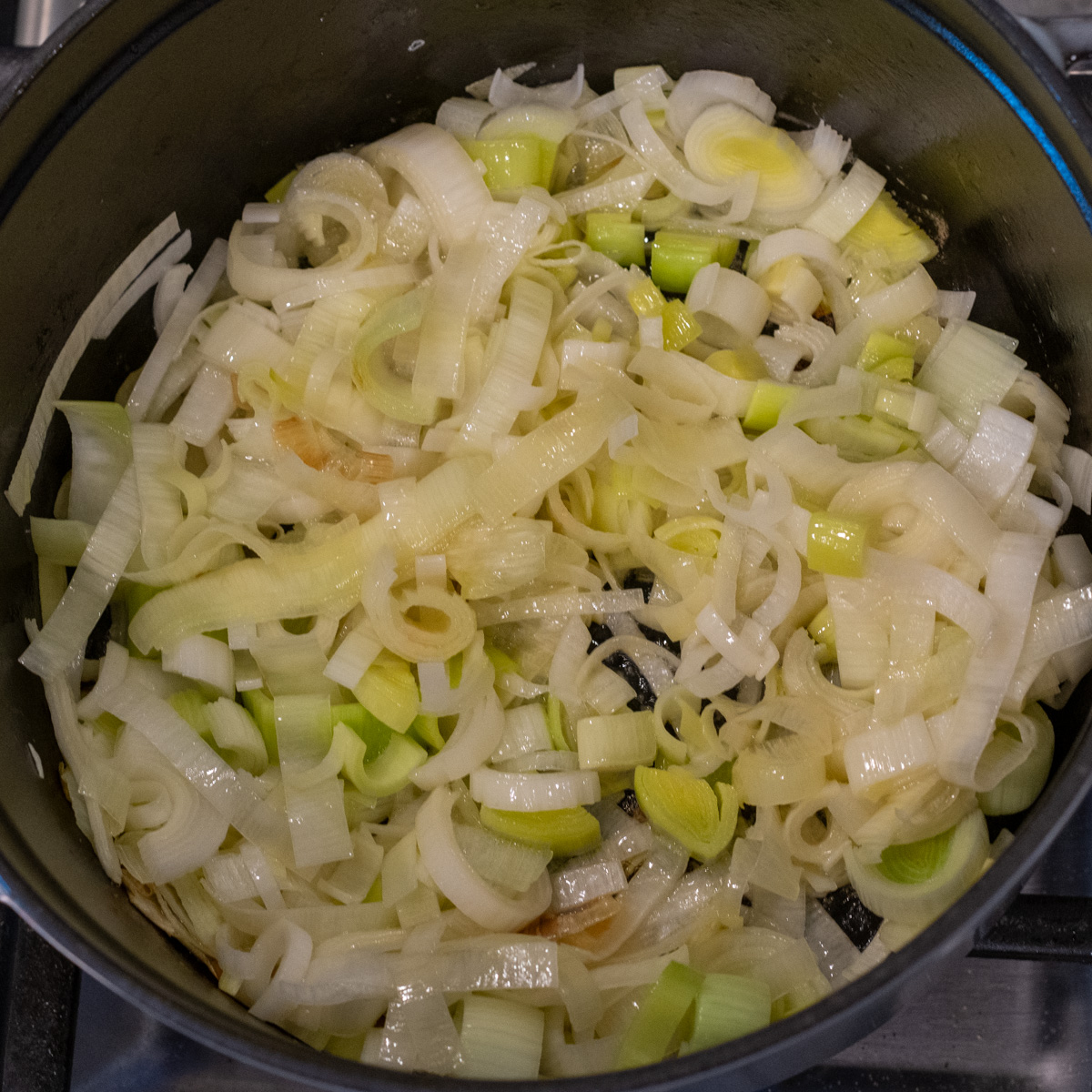 Cook the leeks in a Dutch oven.