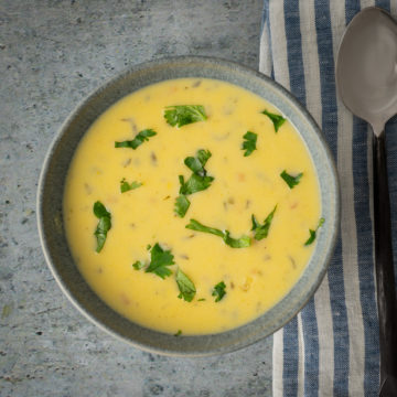 Corn chowder with bacon and roasted serrano peppers.