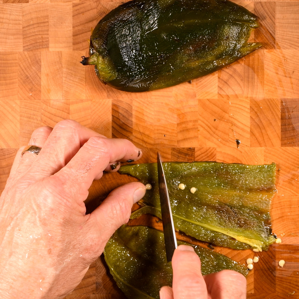 Cut the poblano peppers into strips.