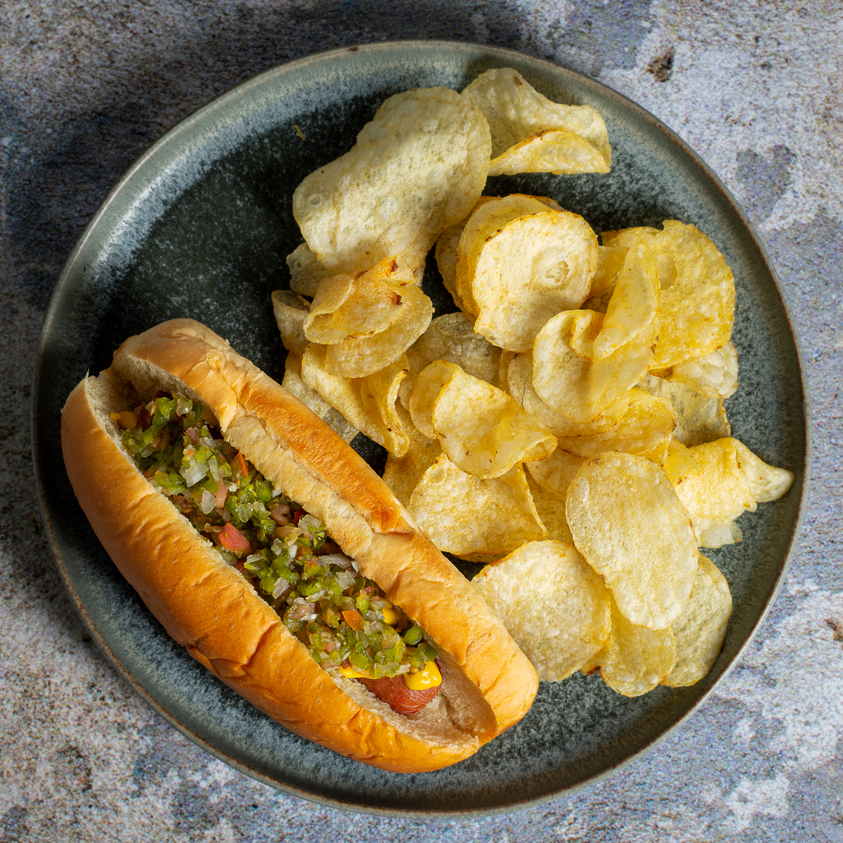 Hot dog with homemade jalapeño relish.