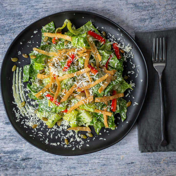 Mexican Caesar salad with creamy cilantro dressing