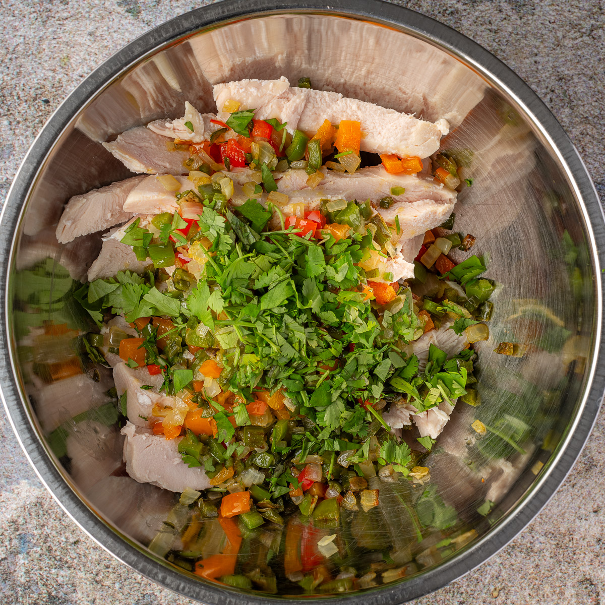 Mix chicken and vegetables in a large bowl. 