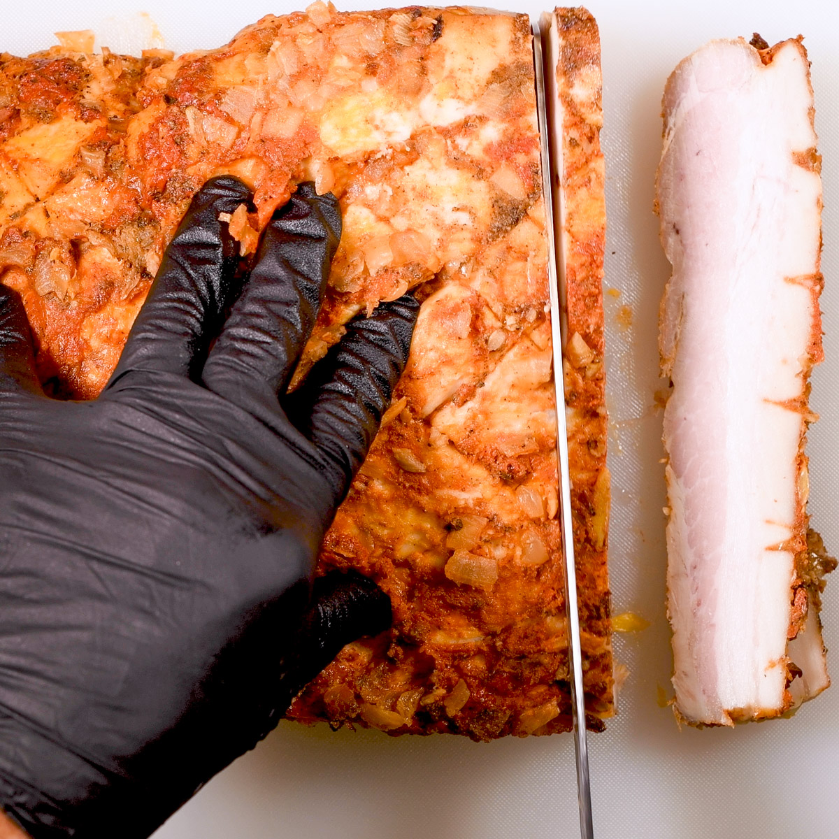 Slice the pork belly into ¼" strips.